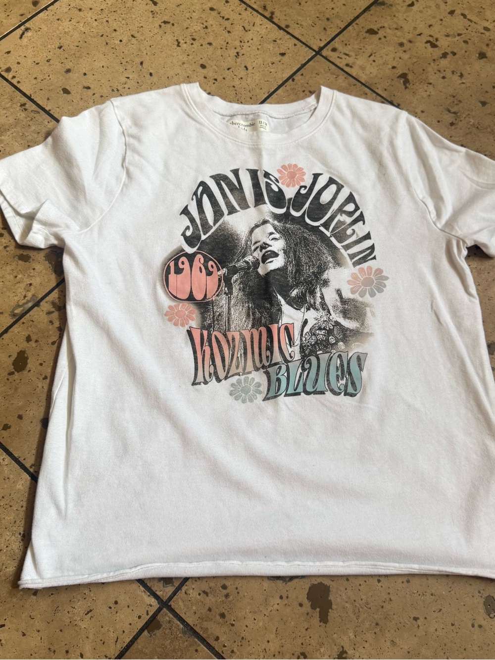 💜Abercrombie & Fitch White Janis Joplin Graphic Tee with Pink & Teal Accents